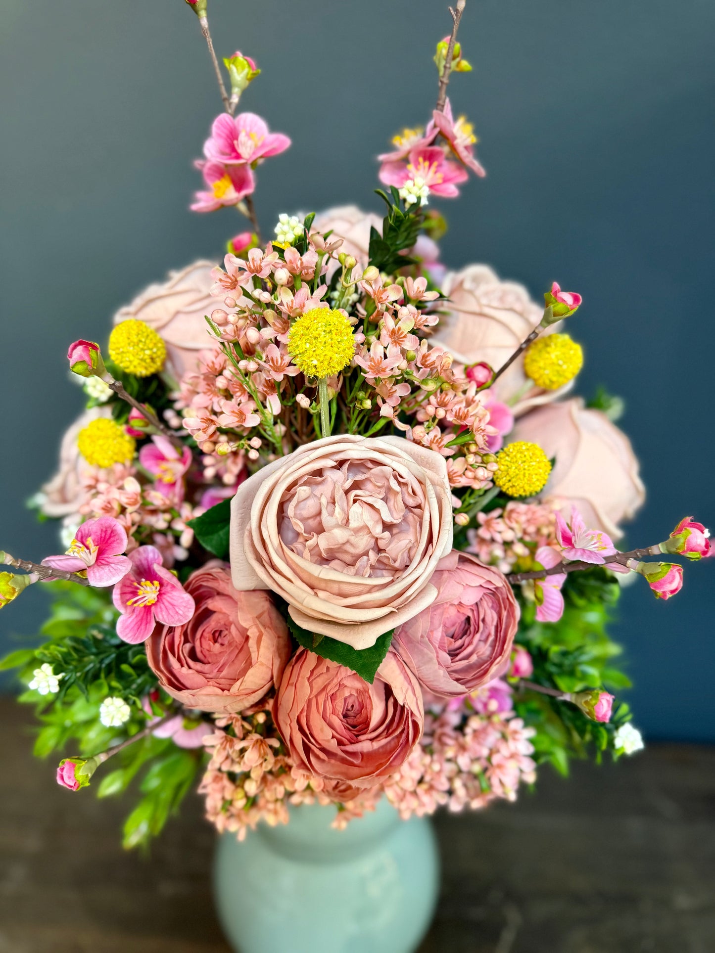 Real Touch Ranunculus Pink Roses in a Soft Blue Bubble Vase