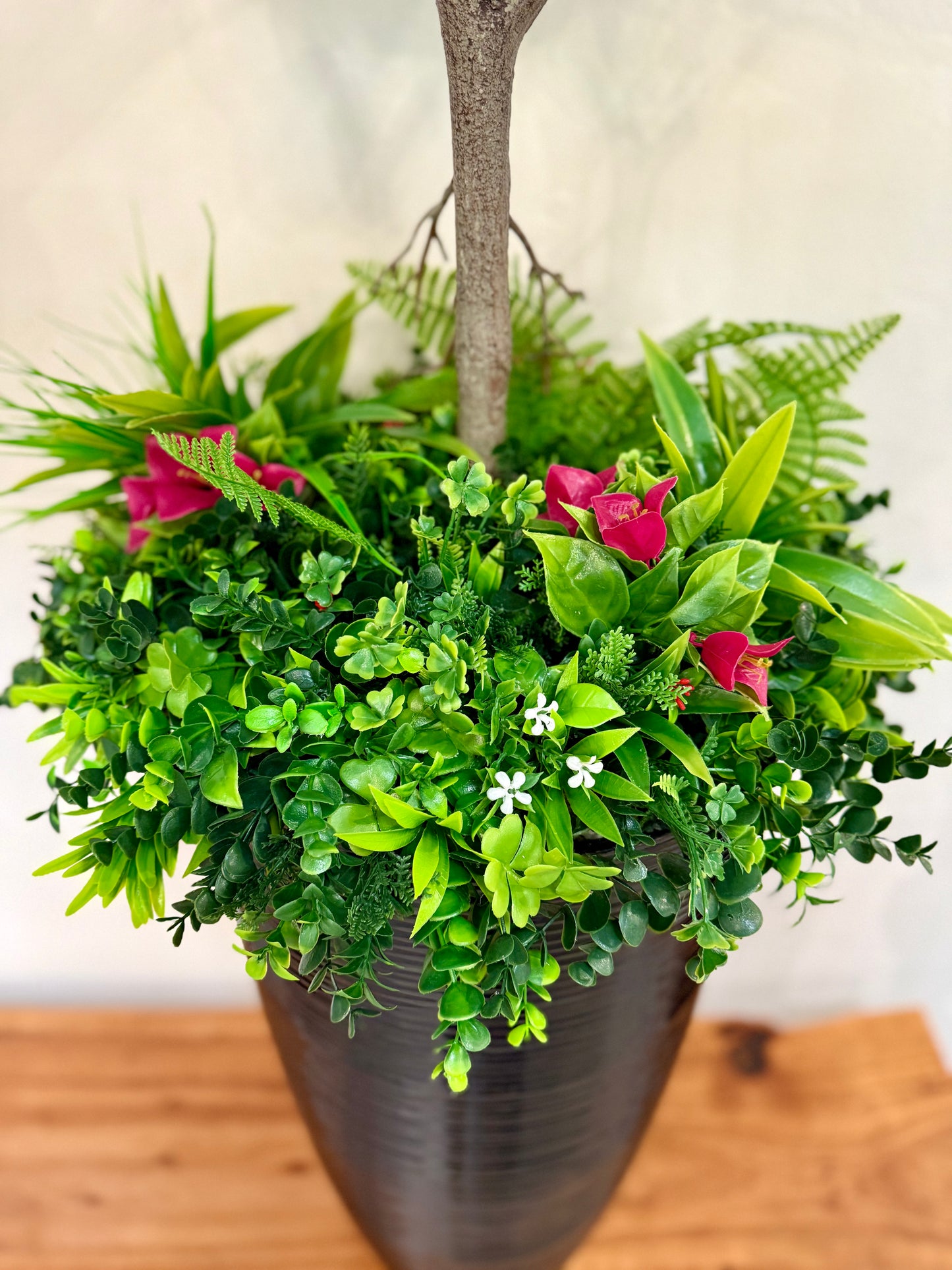 Real Touch Fiddle Leaf Tree and Boxwood Filler In A Tall Black Container (55” tall)