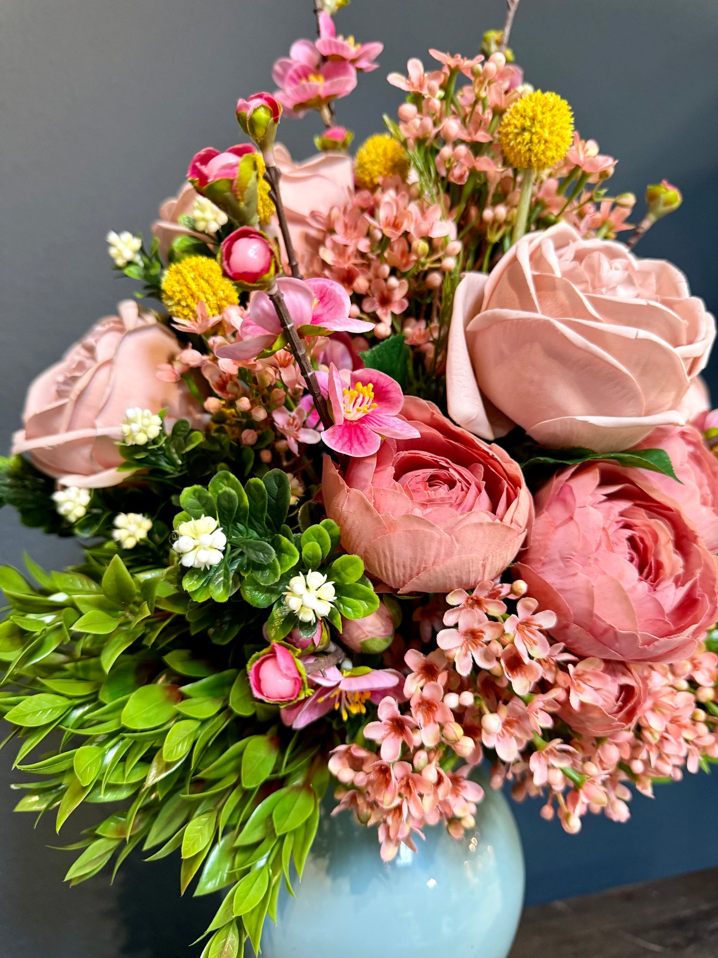 Real Touch Ranunculus Pink Roses in a Soft Blue Bubble Vase