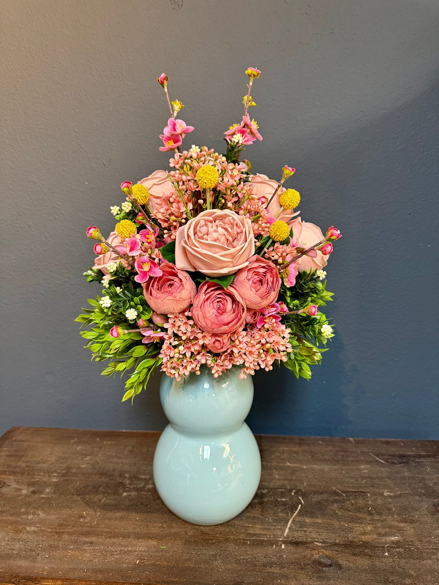 Real Touch Ranunculus Pink Roses in a Soft Blue Bubble Vase