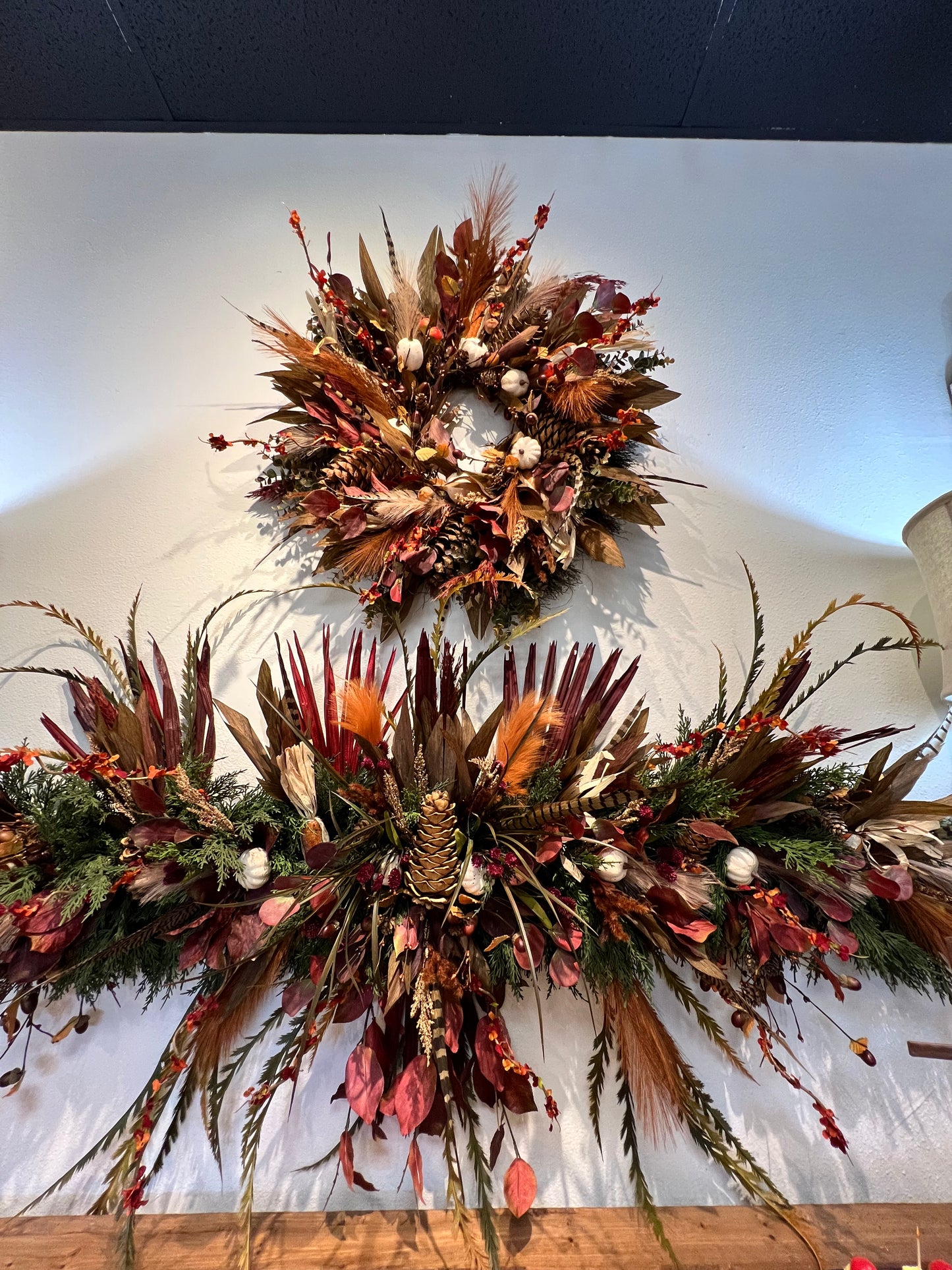 Fall Maroon and Feather Garland With Matching Wreath