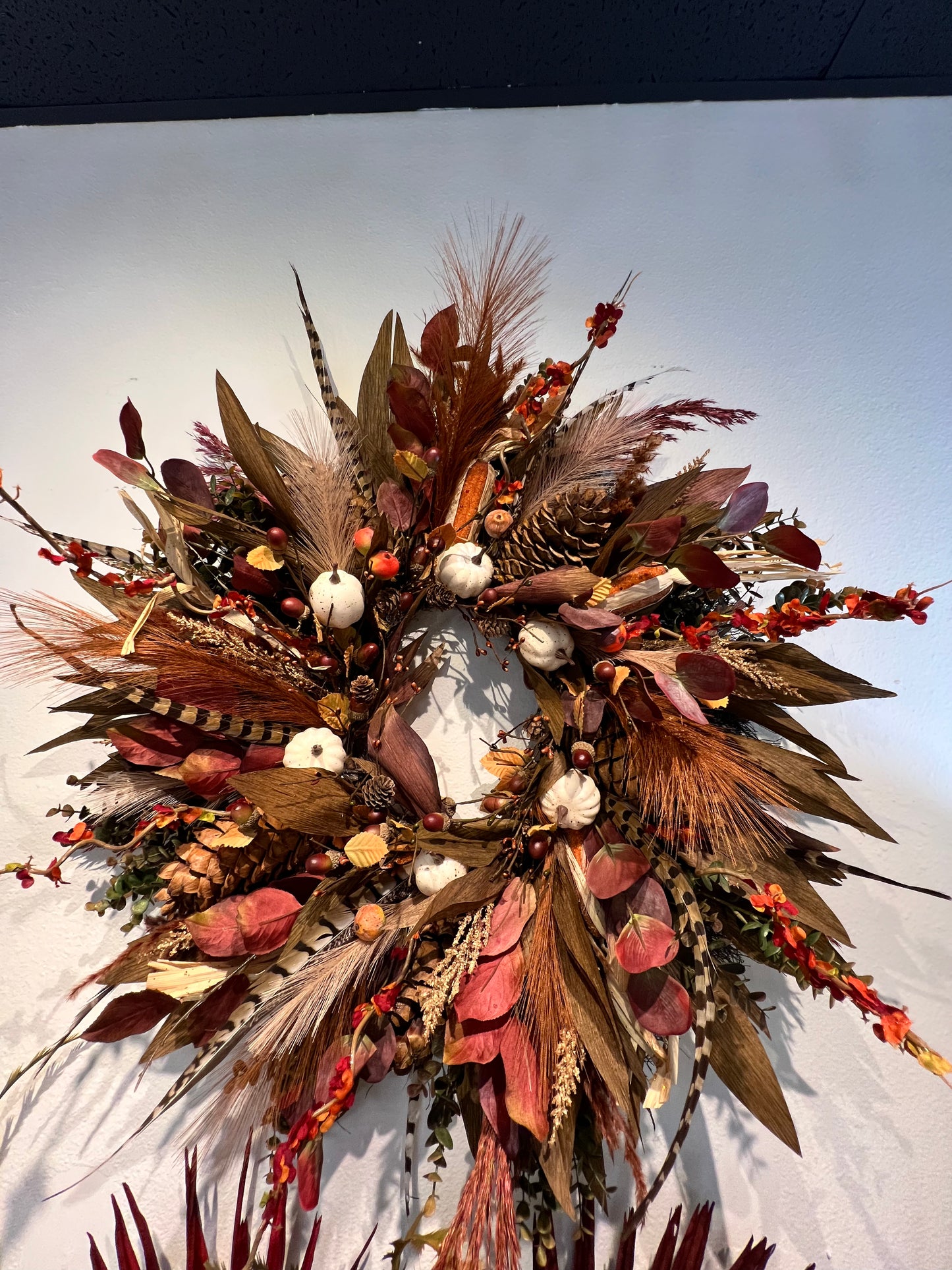 Fall Maroon and Feather Garland With Matching Wreath