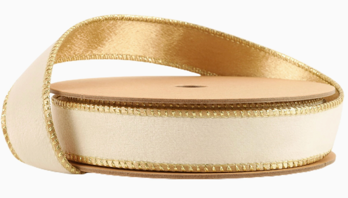 1" Ivory/Gold Reversible Classic Velvet Wired Ribbon