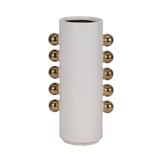White/Gold 13 in. Stoneware Cylinder With Side Knobs Vase