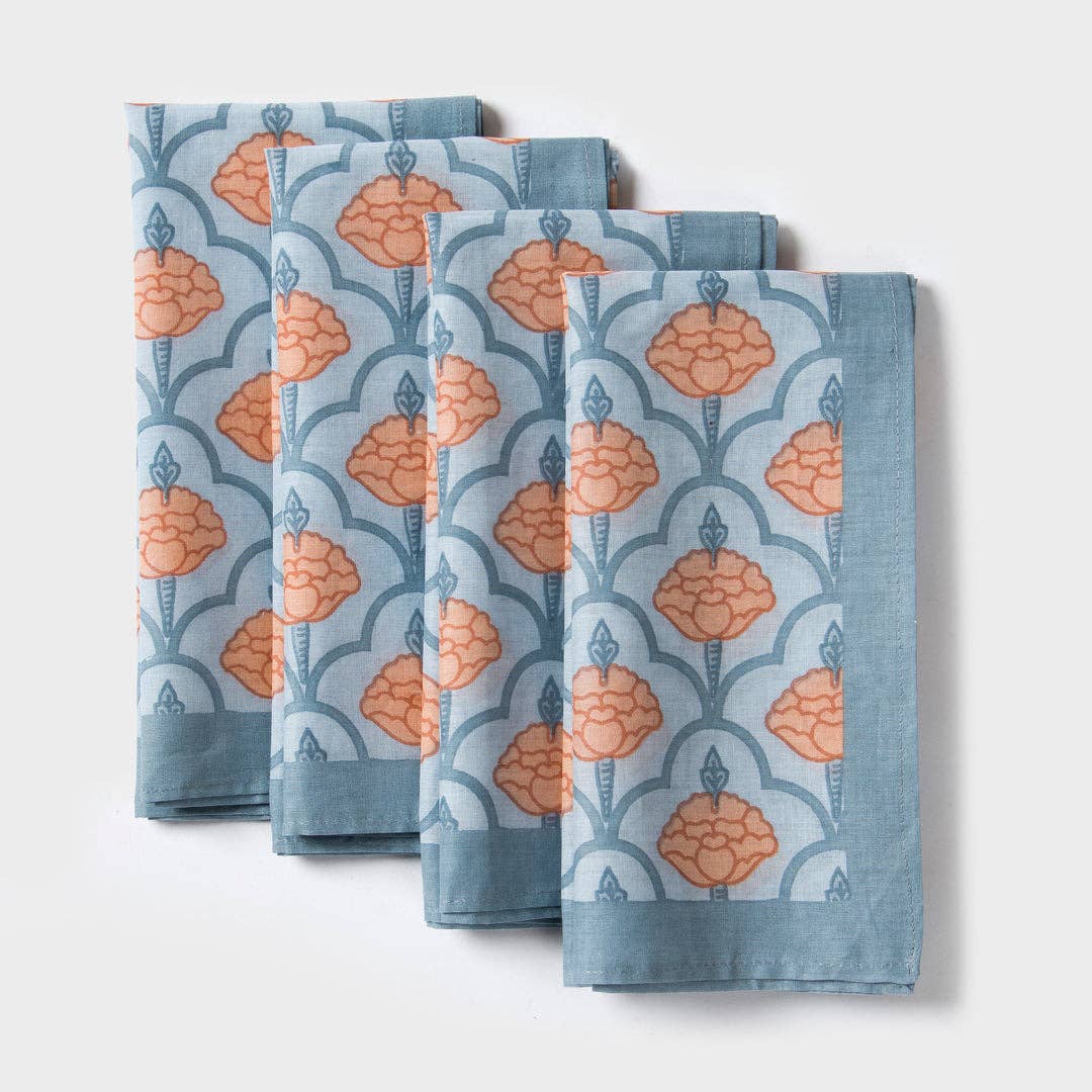 Floral Handprinted Cotton Cloth Napkins - Set of 4