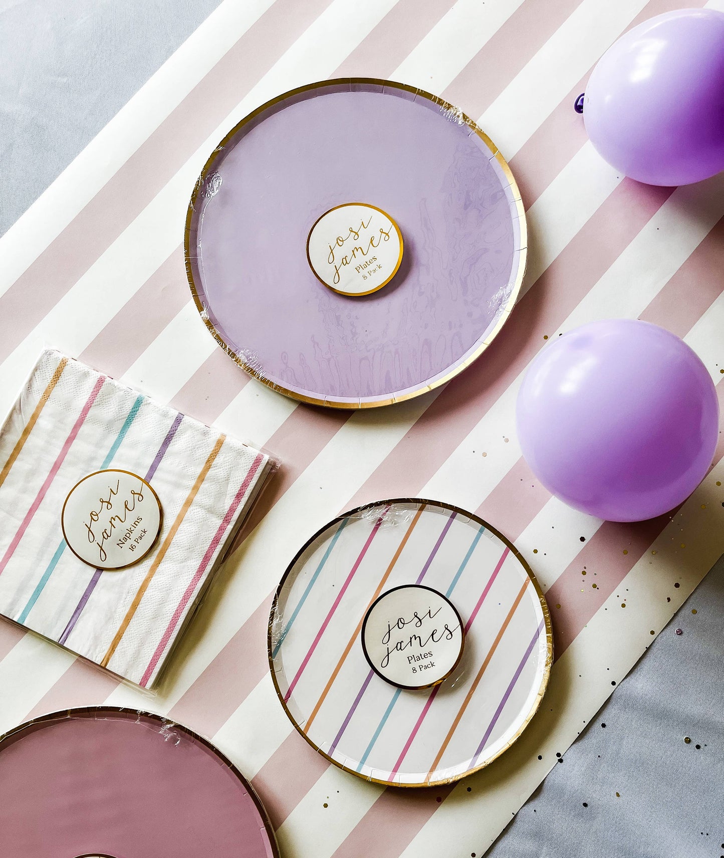7" Pastel Striped Small Paper Plates with Gold Foil Trim - 8 Per Pack