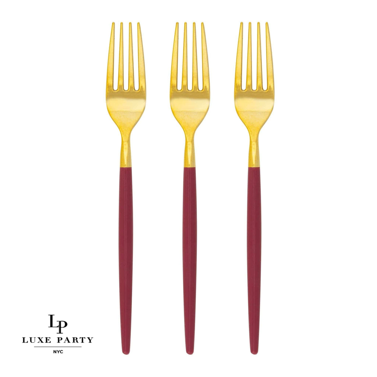 Chic Round Cranberry and Gold Forks | 32 Pieces