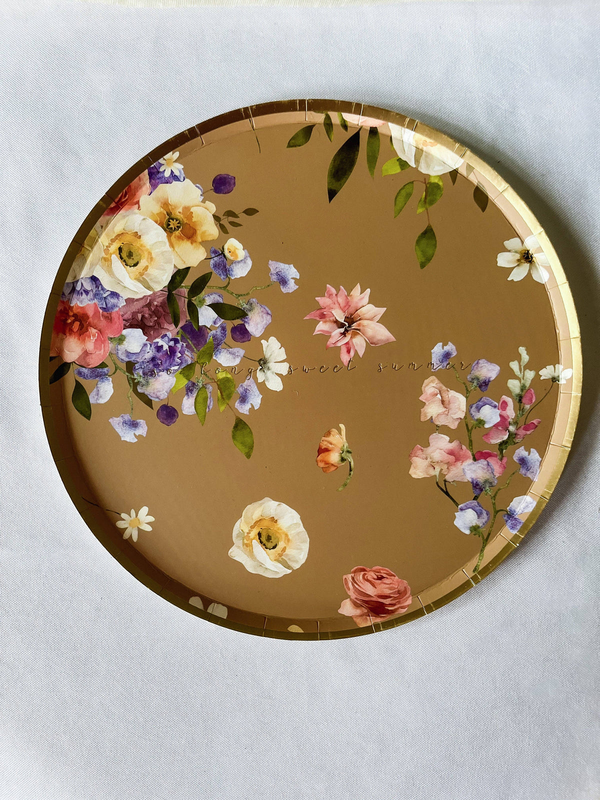 9" "SO LONG SWEET SUMMER" Engraved Floral Paper Plates with Gold Foil Trim - 8 Per Pack