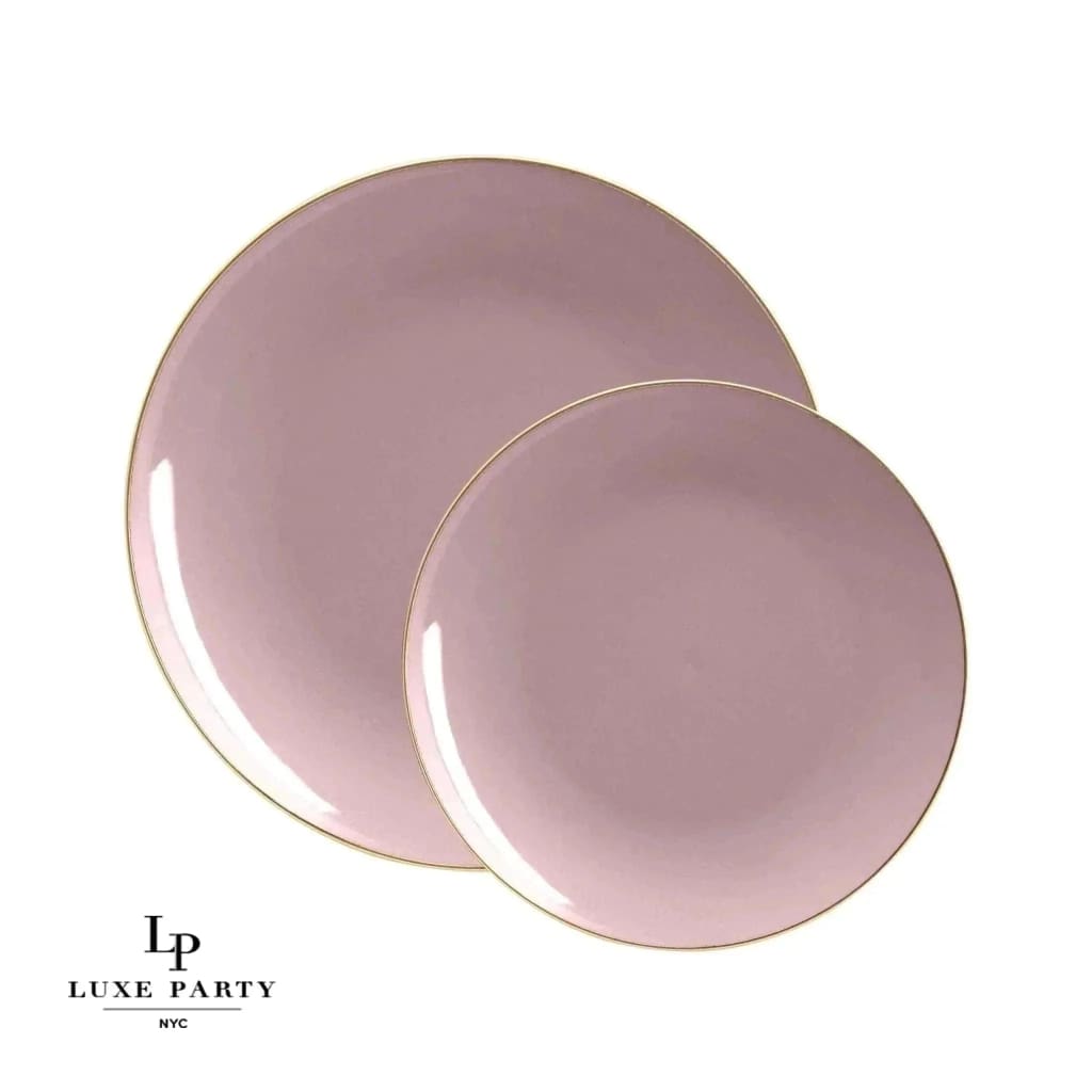 7.25" Round Mauve and Gold Trim Plastic Appetizer Plates - 10 Per Pack
