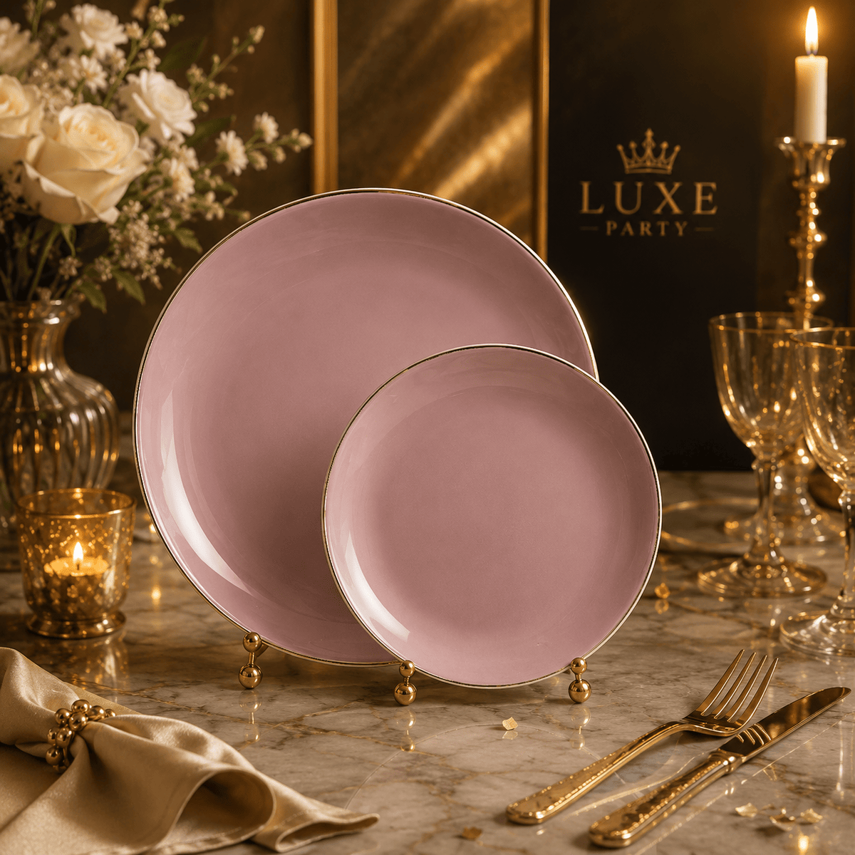 7.25" Round Mauve and Gold Trim Plastic Appetizer Plates - 10 Per Pack