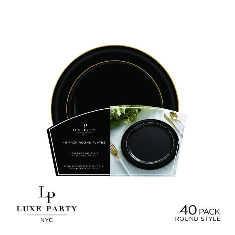High Quality Plastic Round Black and Gold Plate Set - 40 Pack