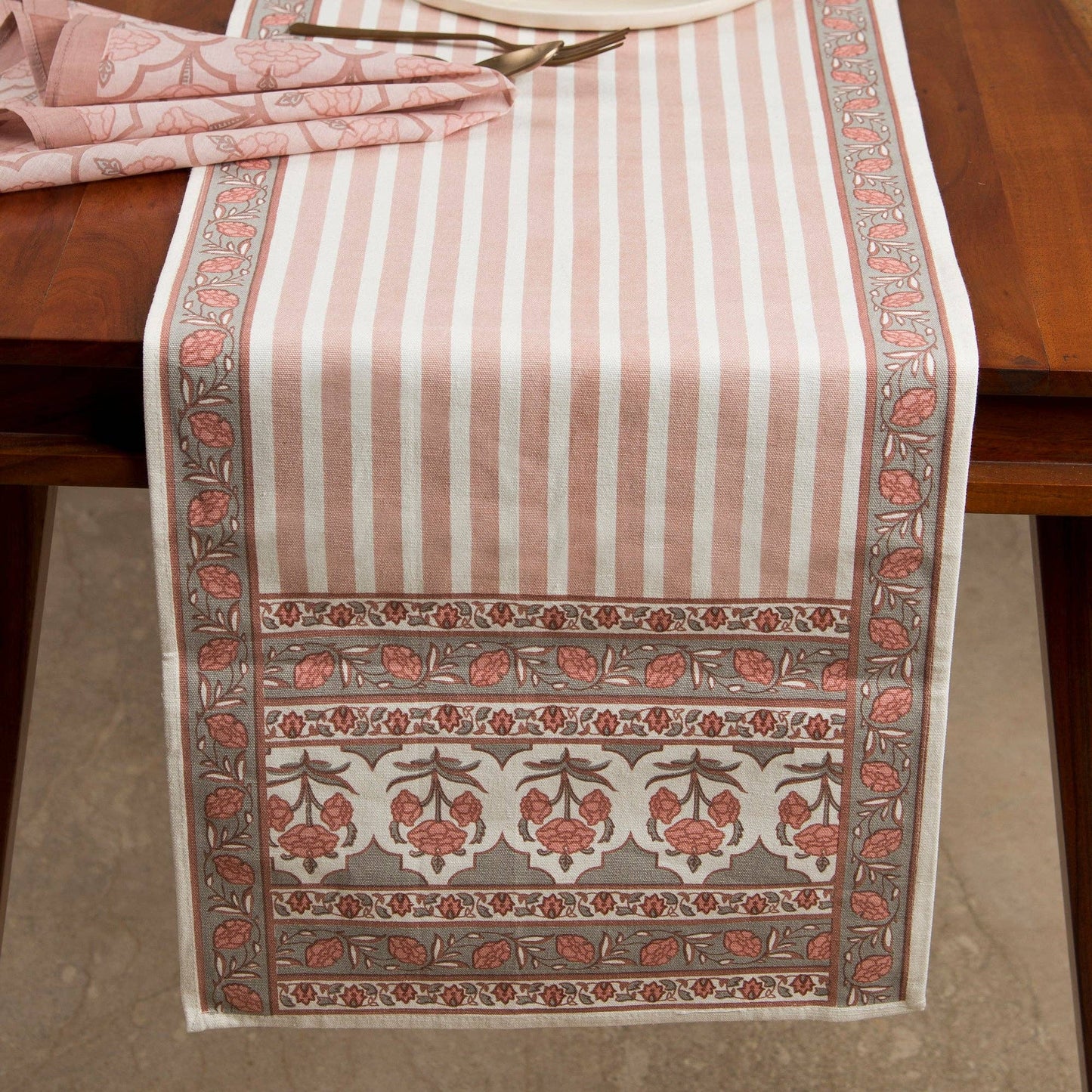 Floral Handprinted Cotton Table Runner - 6 Seater